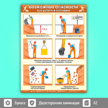 Плакат «Возможные опасности при работе в траншеях и котлованах» (М-113, 1 лист, A2)